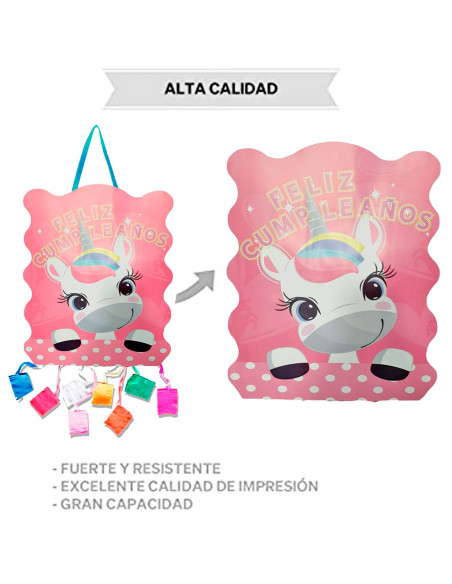 Tradineur - Piñata de unicornio, feliz cumpleaños, cartón, rellenar con golosinas, chuches, decoración infantil para fiestas, ni