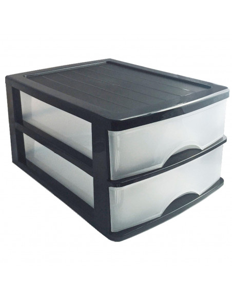 Tradineur - Cajonera de sobremesa 2 cajones de color negro de 17,5 x 26 x 35 cm, Cajonera plástico 2 cajones para mesa multiusos