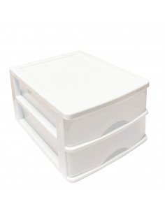 Tradineur - Cajonera de color blanco de sobremesa 2 cajones de 17,5 x 26 x 35 cm, Cajonera plástico 2 cajones para mesa multiuso