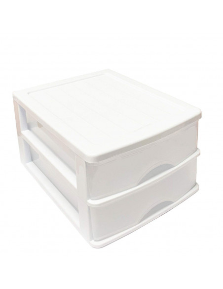 Tradineur - Cajonera de color blanco de sobremesa 2 cajones de 17,5 x 26 x 35 cm, Cajonera plástico 2 cajones para mesa multiuso