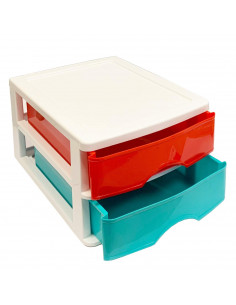Tradineur - Cajonera de sobremesa 2 cajones de color surtido de 17,5 x 26 x 35 cm, Cajonera plástico 2 cajones para mesa multius