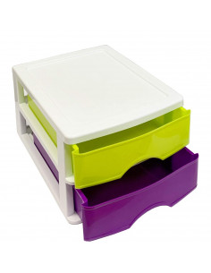 Tradineur - Cajonera de sobremesa 2 cajones de color surtido de 17,5 x 26 x 35 cm, Cajonera plástico 2 cajones para mesa multius 2