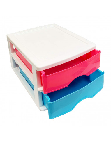 Tradineur - Cajonera de sobremesa 2 cajones de color surtido de 17,5 x 26 x 35 cm, Cajonera plástico 2 cajones para mesa multius