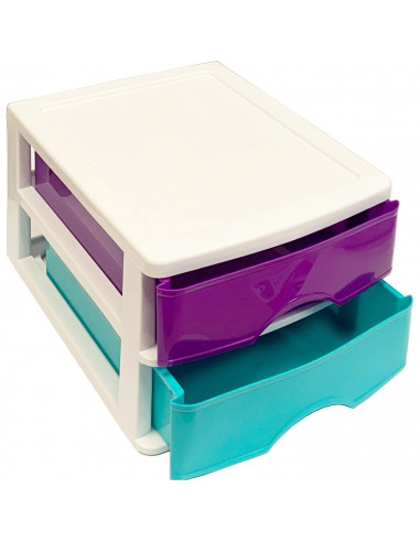 Tradineur - Cajonera de sobremesa 2 cajones de color surtido de 17,5 x 26 x 35 cm, Cajonera plástico 2 cajones para mesa multius