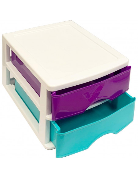 Tradineur - Cajonera de sobremesa 2 cajones de color surtido de 17,5 x 26 x 35 cm, Cajonera plástico 2 cajones para mesa multius