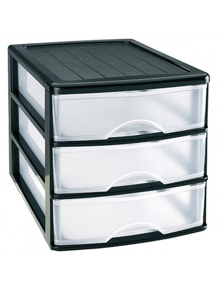 Plastic Forte - Cajonera de sobremesa 3 cajones de color negro de 26,8 x 27 x 35,5 cm, Cajonera plástico 3 cajones para mesa mul