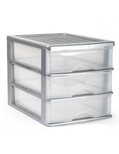 Tradineur - Cajonera de sobremesa 3 cajones de color plata de 26,8 x 27 x 35,5 cm, Cajonera plástico 3 cajones para mesa multius