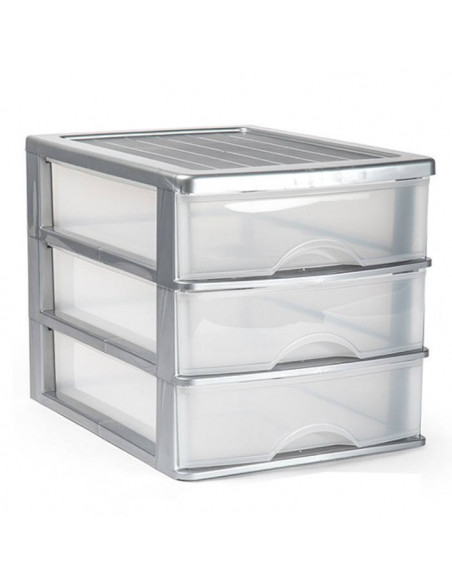 Tradineur - Cajonera de sobremesa 3 cajones de color plata de 26,8 x 27 x 35,5 cm, Cajonera plástico 3 cajones para mesa multius