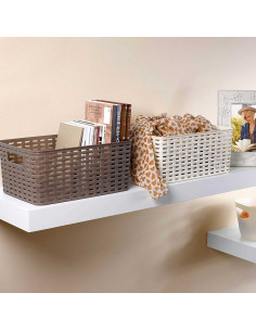 Tradineur - Cesta organizadora rectangular "Rattan" de polipropileno, caja con asas, almacenamiento de ropa, productos de limpie 2
