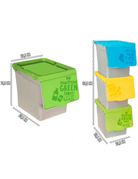 Tradineur - Pack de 3 contenedores apilables, polipropileno, cubos de basura, almacenamiento de residuos, fácil apertura, recicl