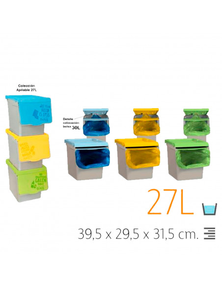 Tradineur - Pack de 3 contenedores apilables, polipropileno, cubos de basura, almacenamiento de residuos, fácil apertura, recicl