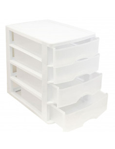 Tradineur - Cajonera de sobremesa 4 cajones de color blanco de 35,3 x 26,5 x 35,3 cm, Cajonera plástico 4 cajones para mesa mult