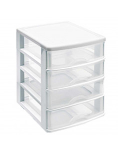 Tradineur - Cajonera de sobremesa 4 cajones de color blanco de 35,3 x 26,5 x 35,3 cm, Cajonera plástico 4 cajones para mesa mult 2