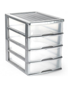 Tradineur - Cajonera de sobremesa 4 cajones de color plata de 35,3 x 26,5 x 35,3 cm, Cajonera plástico 4 cajones para mesa multi