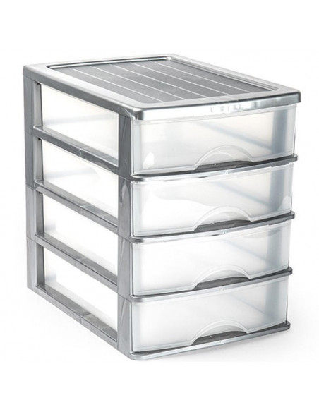 Tradineur - Cajonera de sobremesa 4 cajones de color plata de 35,3 x 26,5 x 35,3 cm, Cajonera plástico 4 cajones para mesa multi