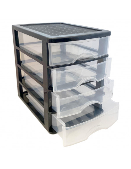 Tradineur - Cajonera de sobremesa 4 cajones de color negro de 35 x 27 x 35 cm, Cajonera plástico 4 cajones para mesa multiusos p