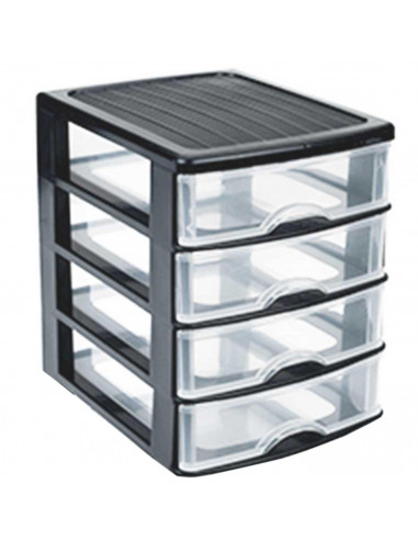 Tradineur - Cajonera de sobremesa 4 cajones de color negro de 35 x 27 x 35 cm, Cajonera plástico 4 cajones para mesa multiusos p