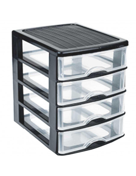 Tradineur - Cajonera de sobremesa 4 cajones de color negro de 35 x 27 x 35 cm, Cajonera plástico 4 cajones para mesa multiusos p
