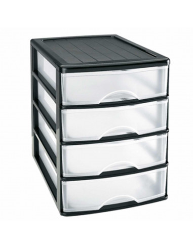 Tradineur - Cajonera de sobremesa 4 cajones de color negro de 35 x 27 x 35 cm, Cajonera plástico 4 cajones para mesa multiusos p