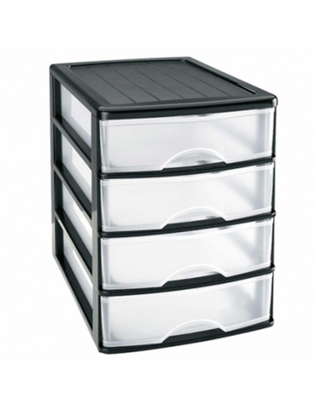 Tradineur - Cajonera de sobremesa 4 cajones de color negro de 35 x 27 x 35 cm, Cajonera plástico 4 cajones para mesa multiusos p