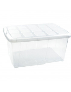 Tradineur - Caja de plástico transparente Nº 18, 60 litros, contenedor de plástico para almacenamiento con tapa, interior y exte