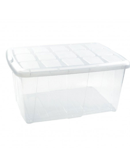 Tradineur - Caja de plástico transparente Nº 18, 60 litros, contenedor de plástico para almacenamiento con tapa, interior y exte