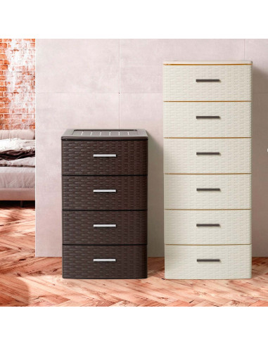 Tradineur - Cajonera de ordenación Rattan de plástico - 3 cajones - Torre de almacenaje multiusos, organizador auxiliar, almacen