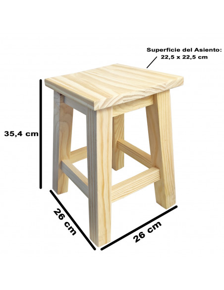 Tradineur - Taburete cuadrado de madera natural sin tratar, banqueta con reposapiés, estable y robusto, hogar, 35,4 x 22,5 x 22,