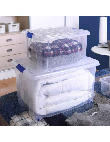 Tradineur - Caja de plástico con ruedas de 17,4 x 72 x 40,5 cm,con capacidad para 30 litros. Baúl con tapa para organización del