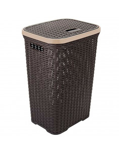 Tradineur - Cesto para la ropa sucia con asas y tapa, pongotodo rattan de plástico, cubo para colada, imitación de mimbre, fabri