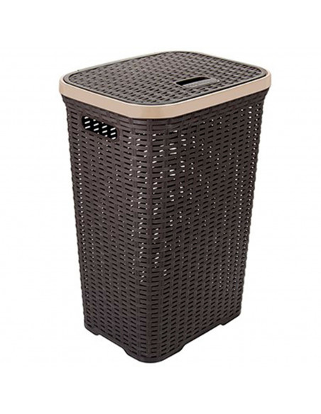 Tradineur - Cesto para la ropa sucia con asas y tapa, pongotodo rattan de plástico, cubo para colada, imitación de mimbre, fabri