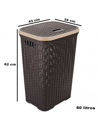 Tradineur - Cesto para la ropa sucia con asas y tapa, pongotodo rattan de plástico, cubo para colada, imitación de mimbre, fabri