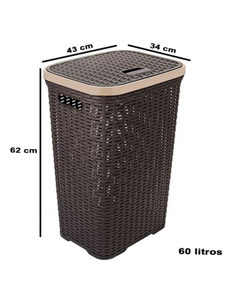 Tradineur - Cesto para la ropa sucia con asas y tapa, pongotodo rattan de plástico, cubo para colada, imitación de mimbre, fabri