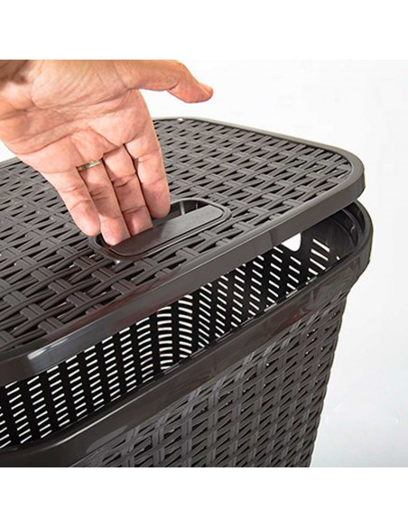 Tradineur - Cesto para la ropa sucia con asas y tapa, pongotodo rattan de plástico, cubo para colada, imitación de mimbre, fabri
