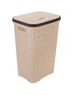 Tradineur - Cesto para la ropa sucia con tapa y asas, pongotodo rattan de plástico, cubo para colada, imitación de mimbre, fabri