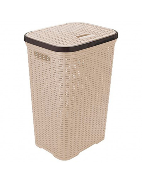 Tradineur - Cesto para la ropa sucia con tapa y asas, pongotodo rattan de plástico, cubo para colada, imitación de mimbre, fabri