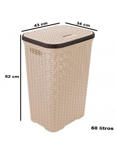 Tradineur - Cesto para la ropa sucia con tapa y asas, pongotodo rattan de plástico, cubo para colada, imitación de mimbre, fabri