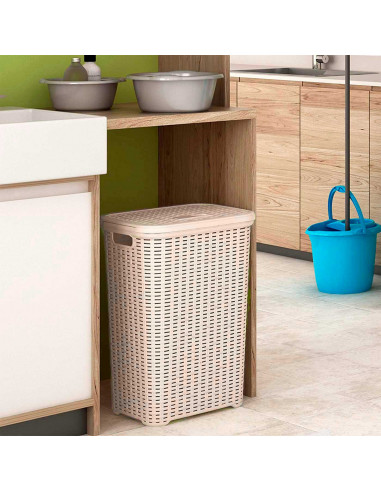 Tradineur - Cesto para la ropa sucia con tapa y asas, pongotodo rattan de plástico, cubo para colada, imitación de mimbre, fabri