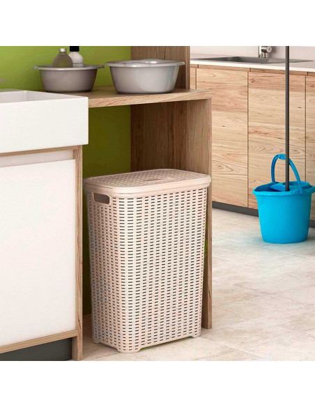 Tradineur - Cesto para la ropa sucia con tapa y asas, pongotodo rattan de plástico, cubo para colada, imitación de mimbre, fabri