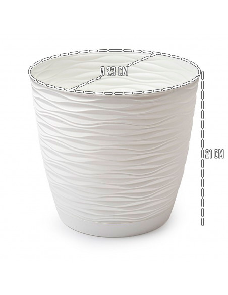 Tradineur - Maceta redonda con plato - Diseño Wind (Ø 23 cm) - Fabricado en plástico - Ideal para jardín exterior, terraza o bal