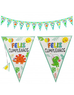 Tradineur - Guirnalda de cumpleaños de cartón con 12 banderines de dinosaurios, "Feliz cumpleaños", decoración para fiestas, cel