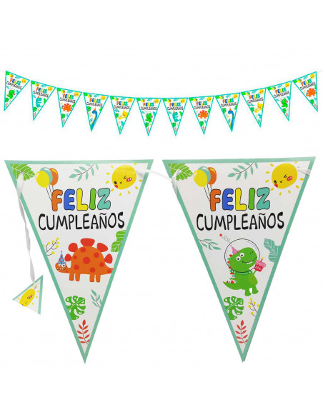 Tradineur - Guirnalda de cumpleaños de cartón con 12 banderines de dinosaurios, "Feliz cumpleaños", decoración para fiestas, cel