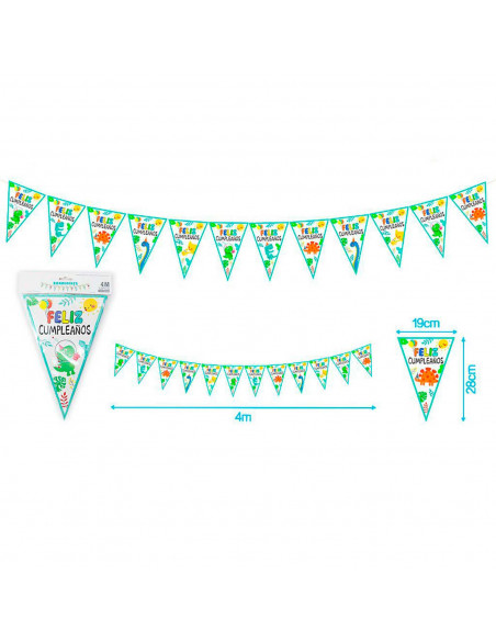 Tradineur - Guirnalda de cumpleaños de cartón con 12 banderines de dinosaurios, "Feliz cumpleaños", decoración para fiestas, cel