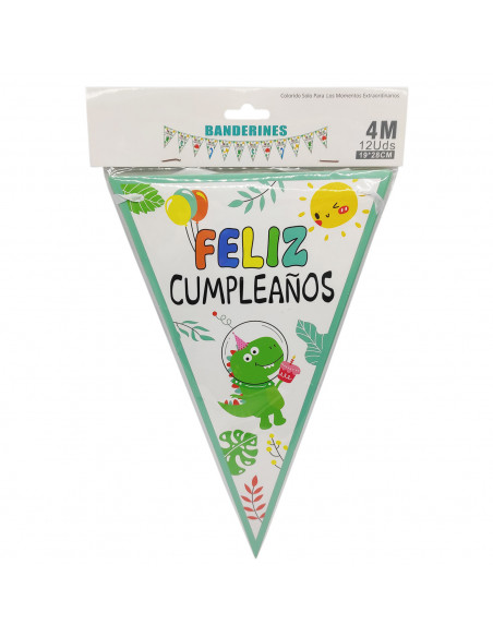 Tradineur - Guirnalda de cumpleaños de cartón con 12 banderines de dinosaurios, "Feliz cumpleaños", decoración para fiestas, cel