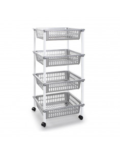 Tradineur -  Carro verdulero plata modelo PLFT con ruedas 4 cestas 85 x 40 x 30 cm . Carrito portaobjetos estantes multiusos par