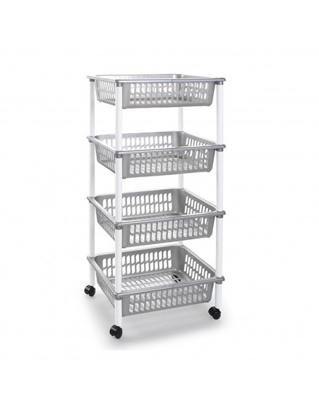 Tradineur -  Carro verdulero plata modelo PLFT con ruedas 4 cestas 85 x 40 x 30 cm . Carrito portaobjetos estantes multiusos par