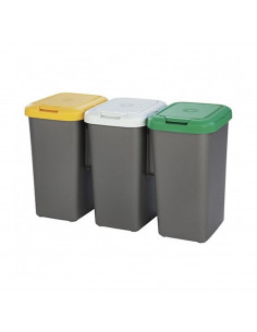 Cubo de basura para reciclaje plástico gris, Set 3 papeleras de reciclaje 75 Litros, 47,5  x 77  x 33  cm