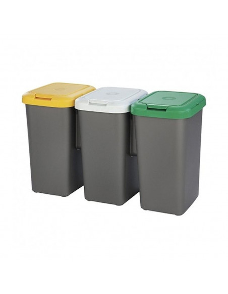 Cubo de basura para reciclaje plástico gris, Set 3 papeleras de reciclaje 75 Litros, 47,5  x 77  x 33  cm