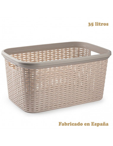 Tradineur - Cesta de plástico "Rattan" con asas, recipiente para la colada, diseño imitación de mimbre, lavandería, hogar, fabri