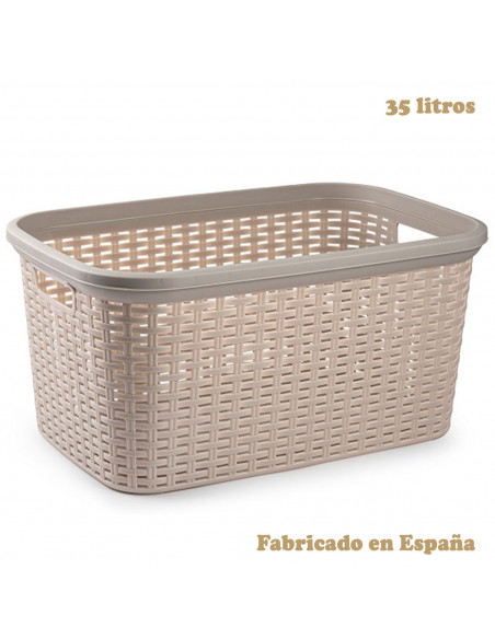 Tradineur - Cesta de plástico "Rattan" con asas, recipiente para la colada, diseño imitación de mimbre, lavandería, hogar, fabri